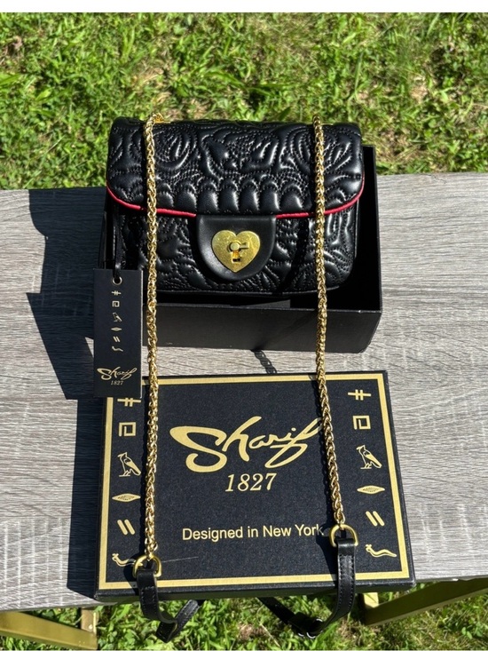 Sharif Handbags - Sharif Black Quilted Heart Lock Chain Crossbody Bag with box